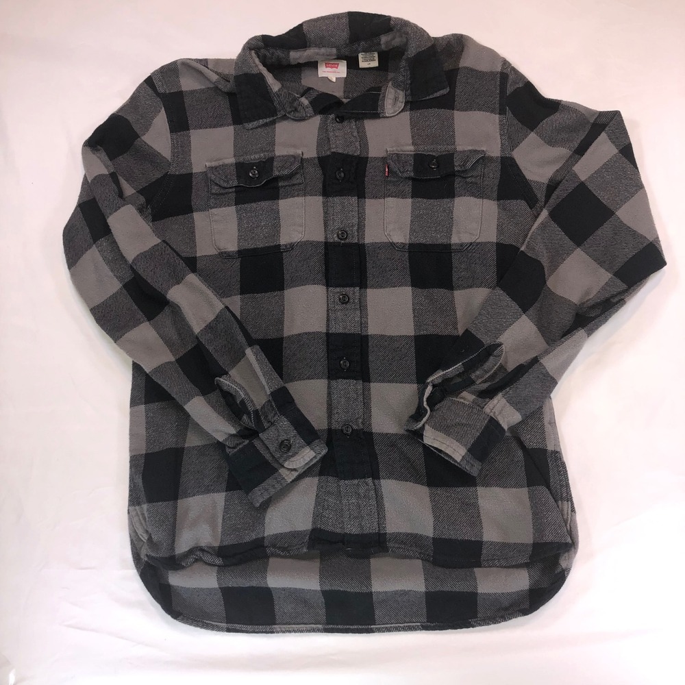 Levis Mens Buffalo Plaid Flannel Shirt Grey Black Long Sleeve Button Down Large